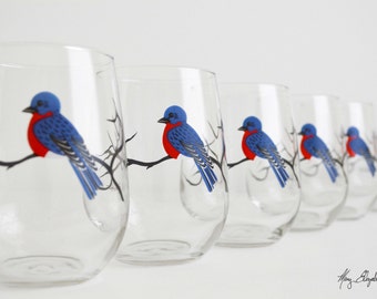 Bluebird Stemless Wine Glasses - Set of 6 Stemless Bluebird Glasses - Bluebirds, Blue Bird Glasses, Bluebird Wine Glasses, Blue Birds