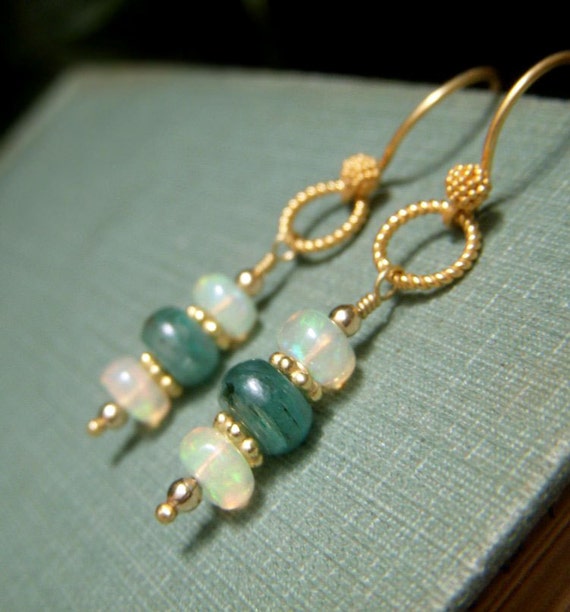 Items similar to Apatite Opal Earrings, Gold Dangle Earrings, Petite ...
