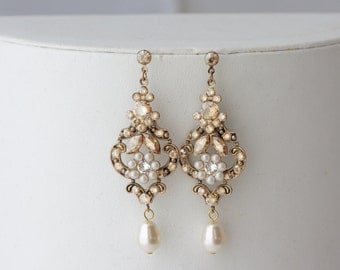 Chandelier Wedding Earrings Antique Gold Bridal Earrings Swarovski Golden Shadow Crystal Pearl Vintage Wedding Jewelry. AMY