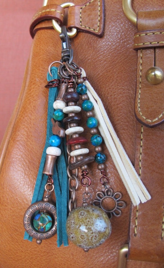 Boho Purse Charm Tassel Zipper Pull Key Chain Turquoise