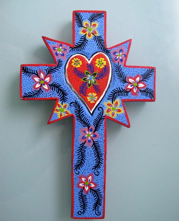 Mexican Folk Art Heart and Floral Hand Carved Painted Wall