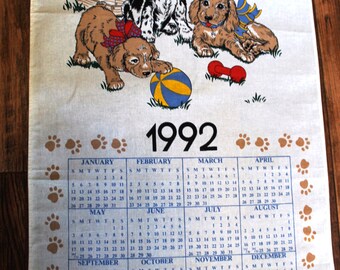 1992 B&D Tea Towel Calendar, Puppies and Doghouse
