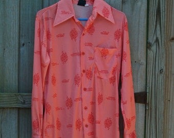 70's Pink Pomegranate Shirt // large // medium // novelty print // collar // fruit print