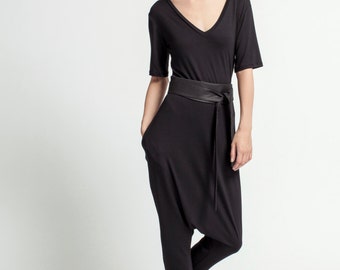Black Jumpsuit / Women Harem Pants / Black Asymmetric Romper / Extravagant Jumpsuit / Black Romper / marcellamoda - MP376