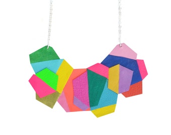 Geometric Necklace, Rainbow Bib Necklace, Colorful Polygon Hexagon Necklace, Rainbow Leather Neon Modern Jewelry, Geometric Jewelry