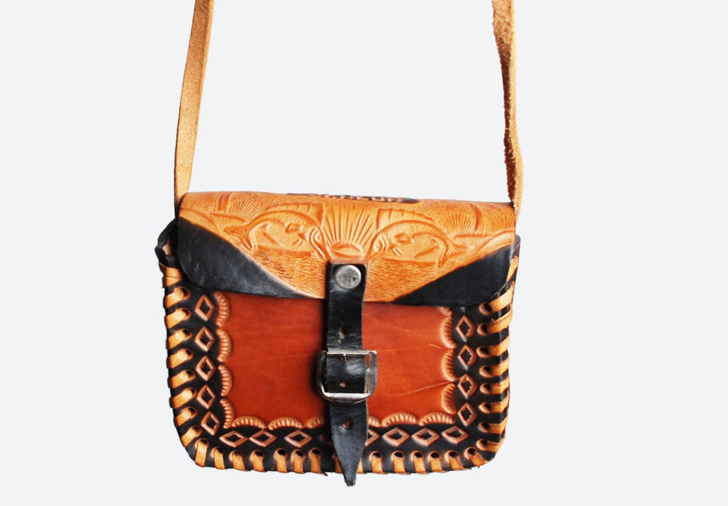 70s LEATHER Hippie PURSE / 1970s Mini Tooled Buckle Bag