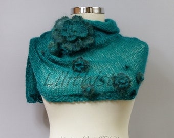 Knit Sweater Shrug, Crochet Shrug, Teal 3/4 Sleeve Flowers Shrug, Knit Bolero, Bridal Shrug Bolero, Winter Wedding Shrug, Gift For Her S/M/L