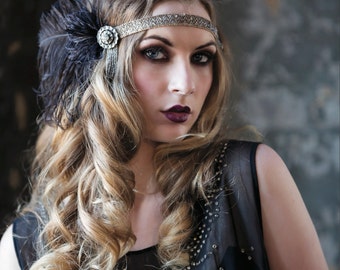 1920's headpiece edwardian headband of silver beaded trim and cruelty free black ostrich feathers- Audrey