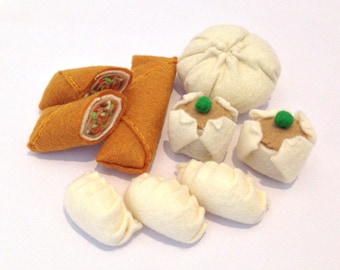 Felt food chinese dim sum set - egg roll, shumai dumpling, gyoza pot sticker, pork bun - eco friendly kids pretend play food for toy kitchen