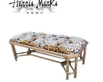 Tufted Bench Coffee Cocktail Table Faux Bamboo Gold Leopard Velvet Nailhead Trim Chinese Chippendale Fretwork Palm Beach Glam