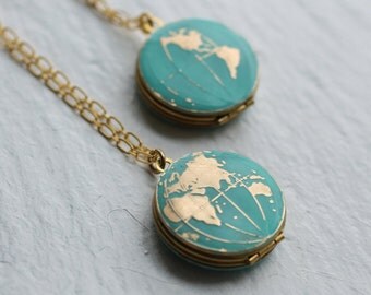 World Map Locket... Vintage Brass Globe Traveller