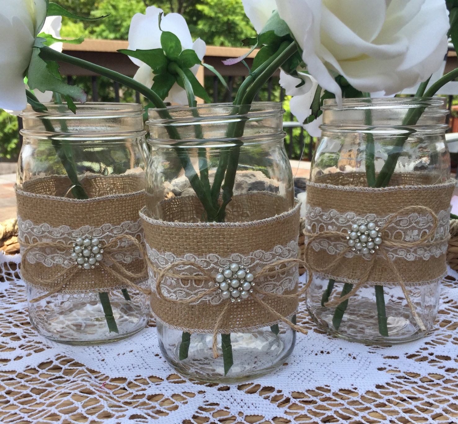 10 Burlap and Lace Mason Jars Quart Wraps by ElianasTreasures