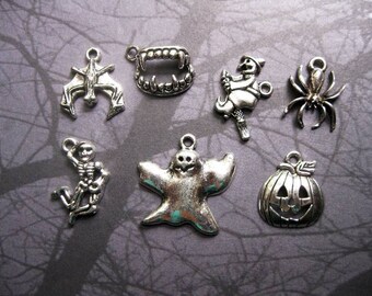 SALE - 7 Halloween Charms in Silver Tone - C2223