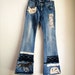Embellished low rise jeans with lace applique, antique buttons, horse art/ ooak art to wear jeans
