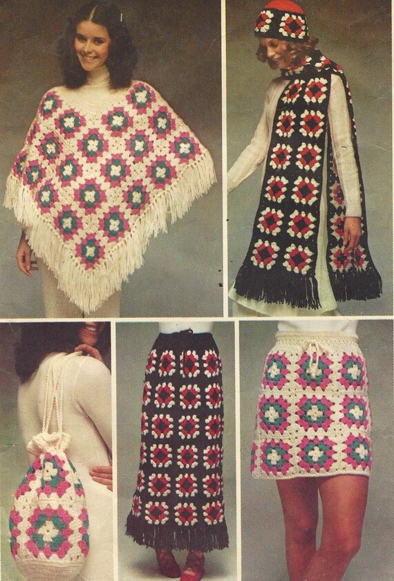 patterns crochet purses mini for or Vintage Maxi Crochet Hat 70s Poncho, Mini Skirt Instructions