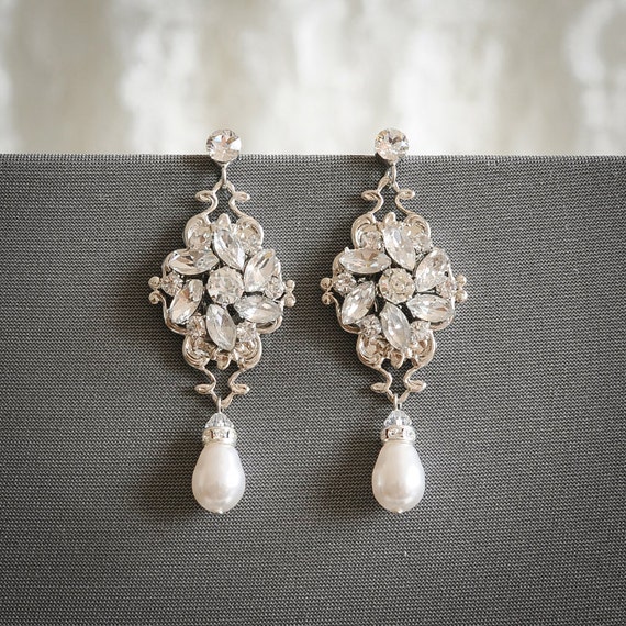 Swarovski Pearl Bridal Earrings Crystal Cluster Wedding