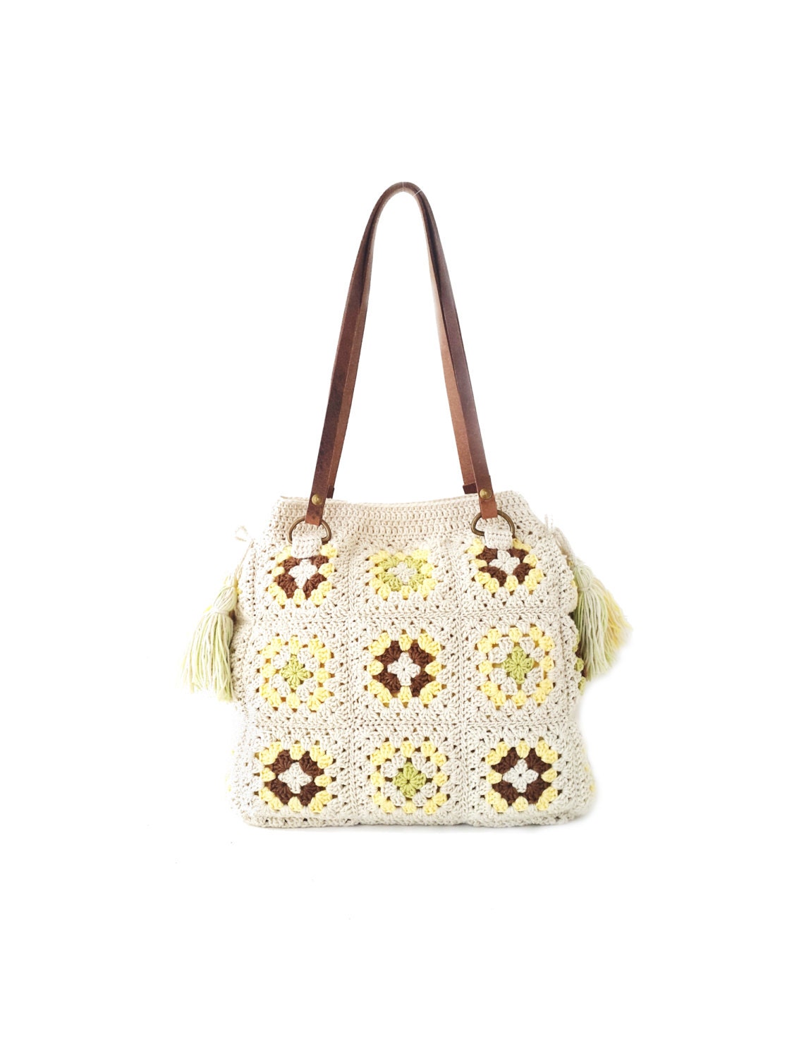 Cream crochet bag with tassels real leather handles by zolayka