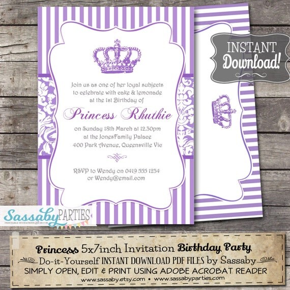 Princess Purple Party Invitation - INSTANT DOWNLOAD - Editable & Printable Birthday Invitation by Sassaby Il_570xn