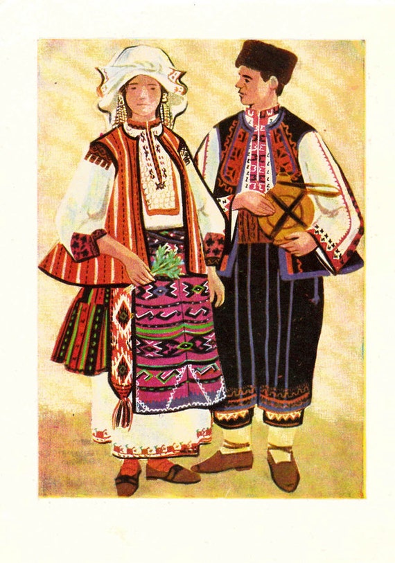 Vintage "Bulgarian Folk Costumes" Postcard -- 1960s