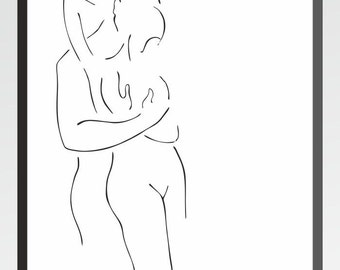 Black and white erotic art print. Lovers illustration. Couple drawing. Sexy bedroom wall art sketch.