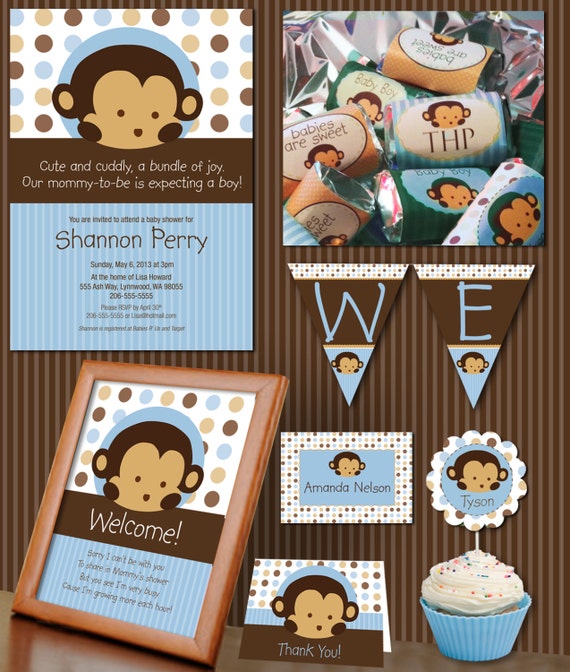 Blue Mod Pod Pop Monkey Deluxe Baby Shower Collection Printable Files Il_570xn