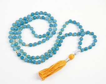 Aquamarine Mala Necklace - Prayer Beads Meditation Mantra 108 Mala Yoga Japa Hindu Knotted Rosary Blue