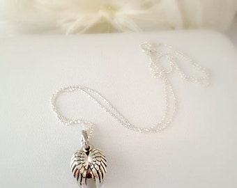 Memorial Sterling Silver Necklace with Stainless Steel Cremation Urn Pendant and Sterling Silver Double Angel Wing Remembrance Bereavement