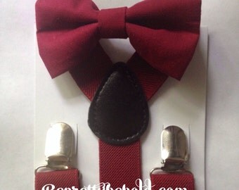 Burgundy Bow Tie Suspenders Set Rustic Wedding Burgandy Ring Bearer Outfit Groomsmen Bow ties Baby Toddler Boy Necktie Braces Ruby Red Men