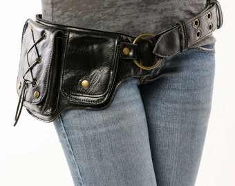 Hip Pack Lace Design Leather Utility Belt - Black (Great Festival Belt. Great storage. Large enough to store most ANY phone on the market)