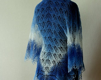 Knit wool shawl - blue-white handknit lace shawl
