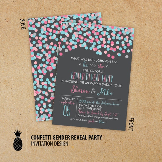 Confetti Gender Reveal Invitations Charcoal Background Color