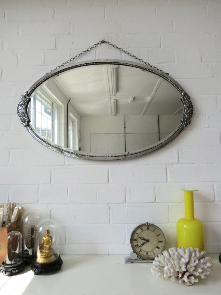 Vintage Large Oval Art Deco Bevelled Edge Wall Mirror with