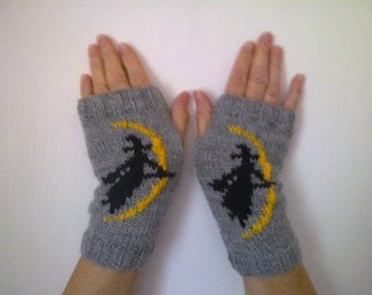 Witch Broomstick and Moon wrist warmers - fingerless mittens - gloves