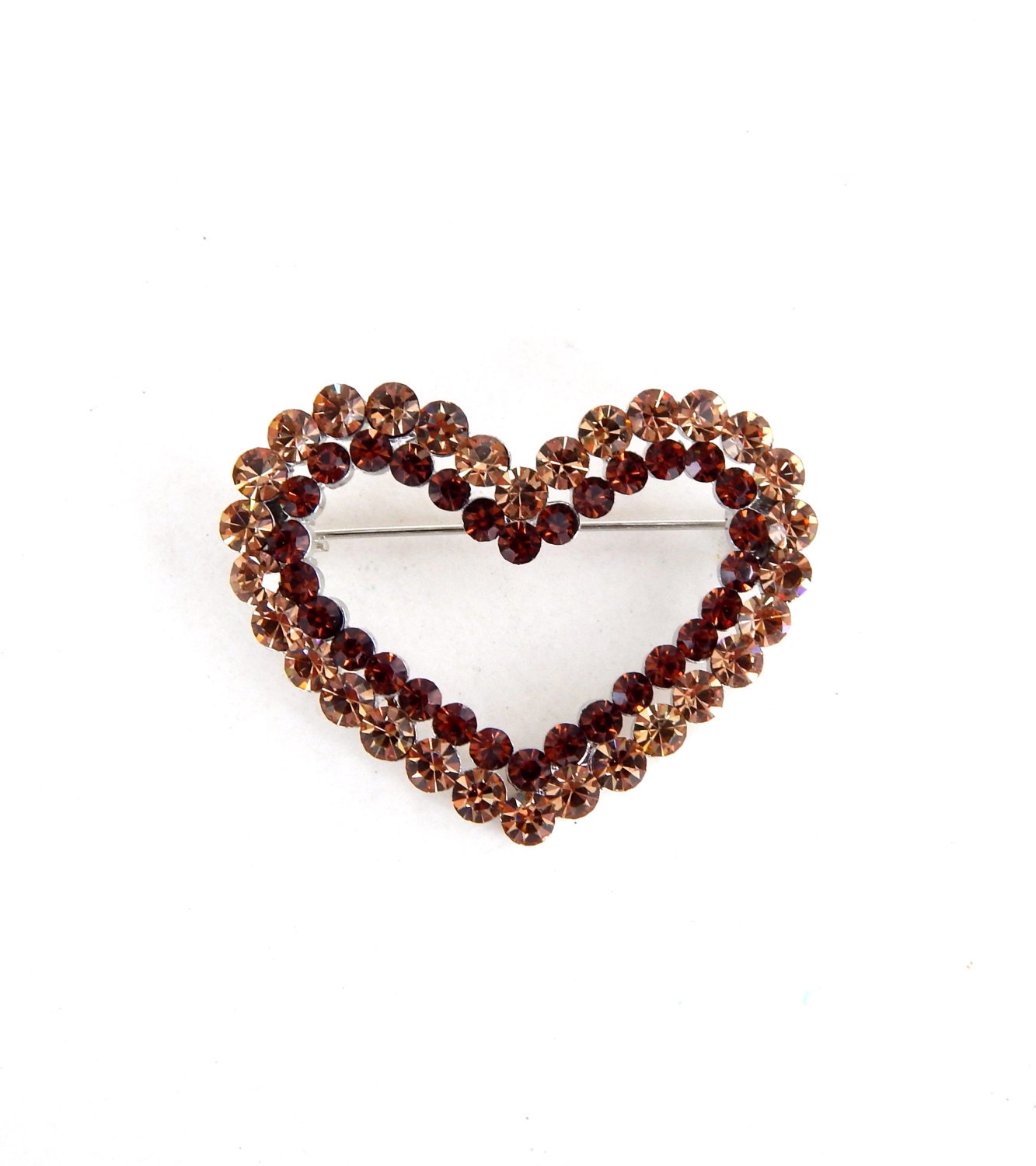 Vintage Rhinestone  Heart  Brooch Brown Topaz Rhinestone  Heart 