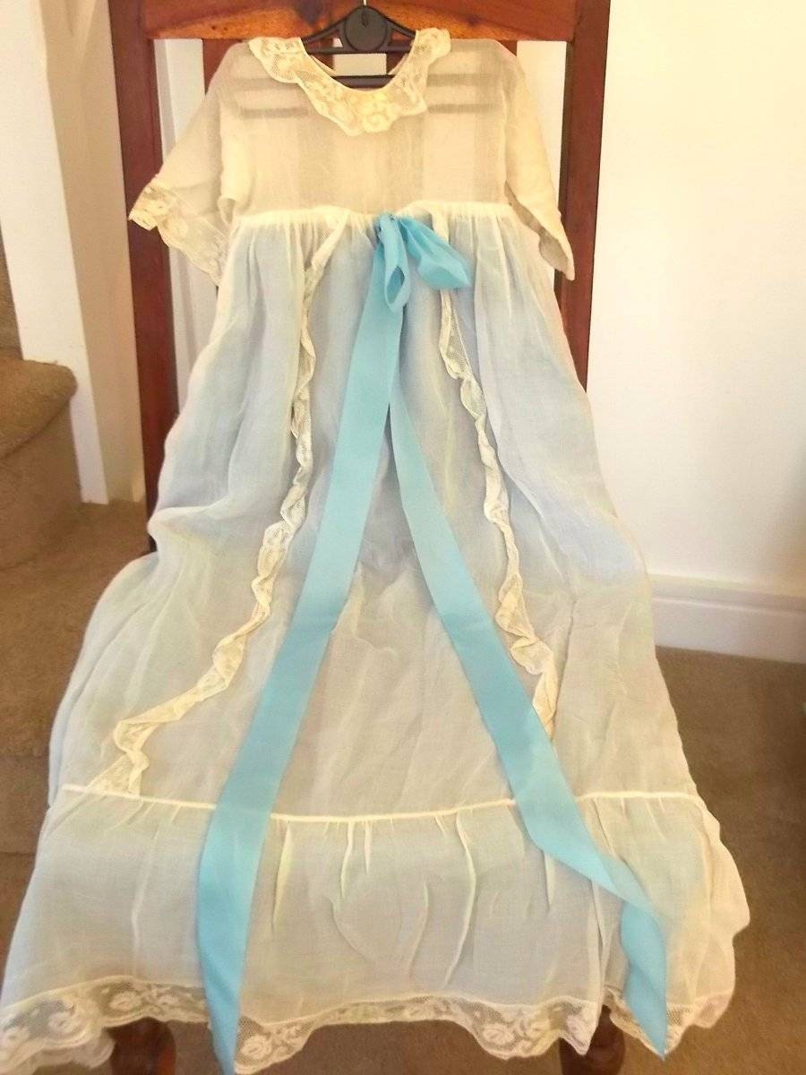 Antique Vintage Lace Lawn Cotton Christening Gown Blue Satin Type