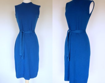 1960s blue sweater dress, acrylic knit sleeveless belted wiggle dress, Small, US 6