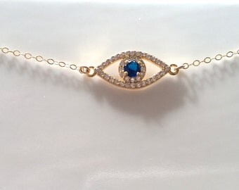 Blue Evil Eye Necklace, Celebrity Necklace, Evil Eye Charm Necklace, Gold Evil Eye CZ Necklace, Silver Pave Evil Eye Necklace