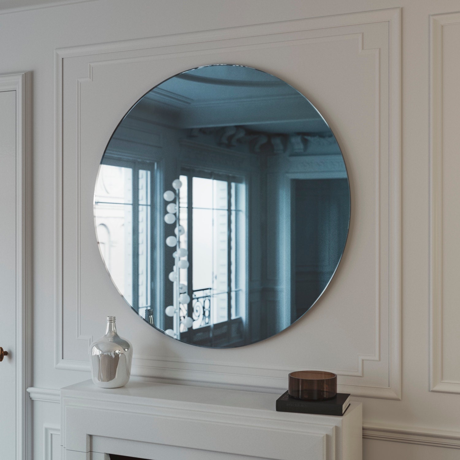 Blue midcentury mirror. Hanging blue wall mirror with light