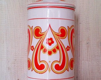 Vintage Orange Yellow & White Floral Scroll Print Tall Ceramic Canister Jar - Made in Japan