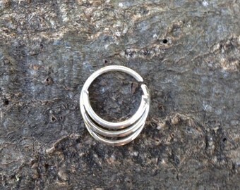 Silver Septum Ring - Triple Ring, 18g Nose Piercing Jewelry, Festival Tribal Burning Man Style Adornment - S355
