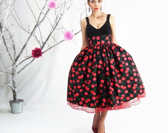 Midi Skirt - Rockabilly Skirt, 50's skirt, Cherry Skirt, Full Circle Skirt, Plus Size Skirt, High Waisted Skirt, Plus Size 50's Skirt
