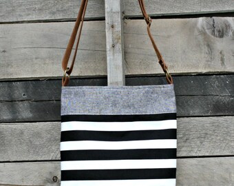 Crossbody Bag, Denim, Black and White Stripe, Genuine Leather, Everyday Purse, Adjustable Strap