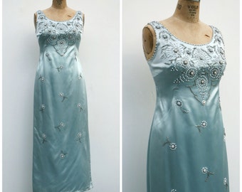1960s | Ice Blue Liquid Satin Gown with Beaded Embroidery | Size M