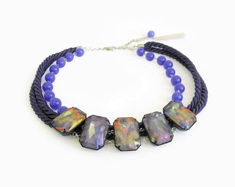 Statement Crystal Necklace, Royal Blue Rope Necklace, Fabric Wrap Necklace, Unique Fabric Jewelry, Gift for her, Women Gift Under 50