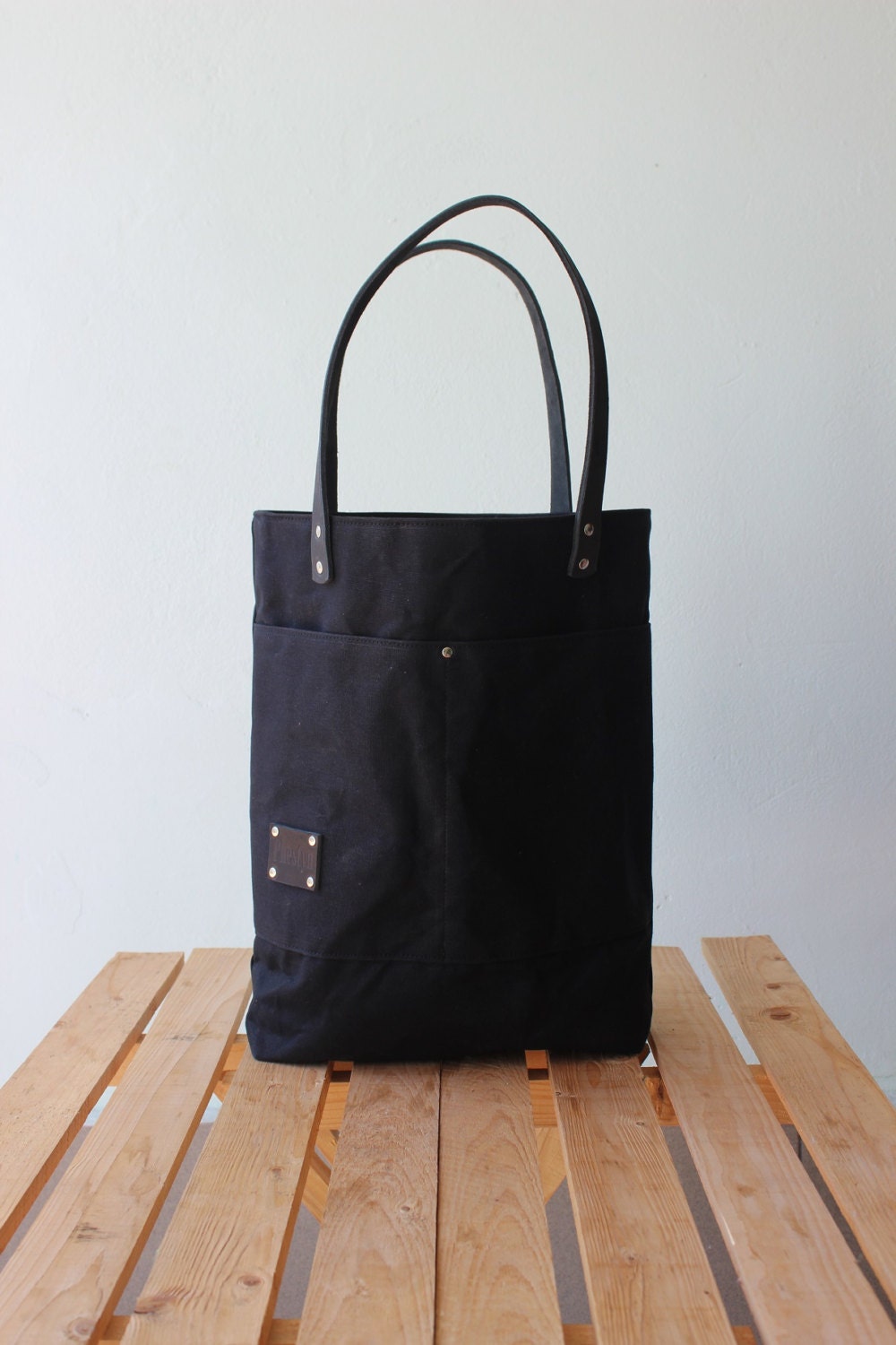 Waxed canvas Tote bag with black leather details shopper bag