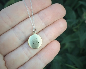 Gemini constellation locket necklace | small brass locket | zodiac sign | silver chain | personalized inscription custom hand stamped