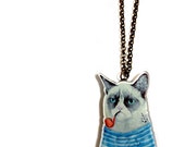 Grumpy Cat Smoking Pipe Sailor With Anchor Tattoo - Cool Funny Acrylic / Plastic Animal Colorful necklace, Great Cat lovers Gift Souvenir