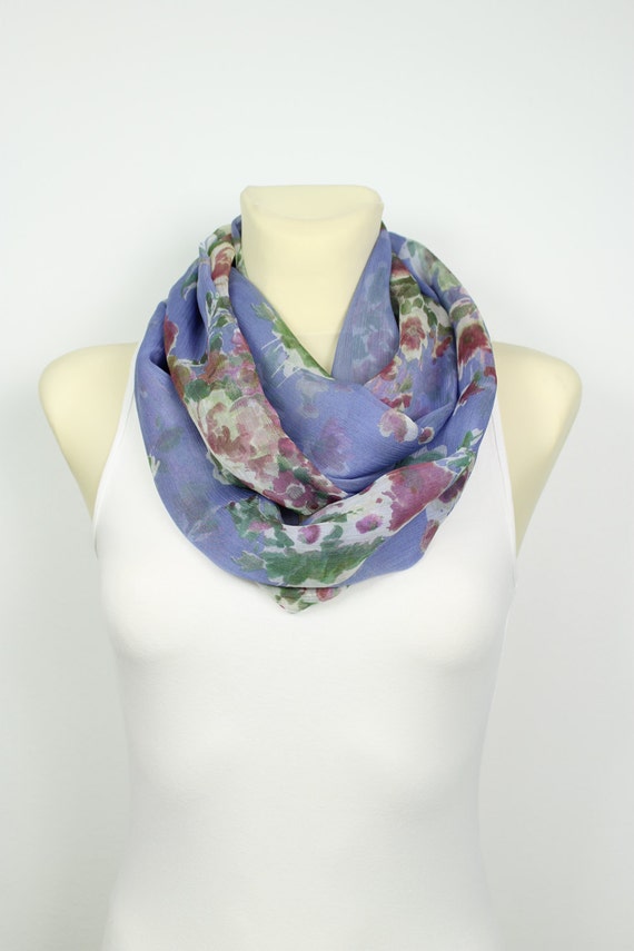 Silk Chiffon Scarf - Blue Floral Scarf - Unique Boho Scarf - Silk Infinity Scarf - Women Fashion Accessories - Gift Ideas for her