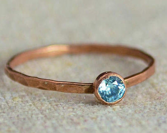 Dainty Copper Aquamarine Ring, Hammered Copper, Stackable Rings, Mother's Ring, March Birthstone, Copper Ring, Copper Aquamarine Ring