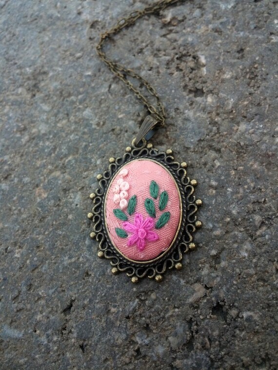 Embroidered Flower Necklace Fabric Necklace by RedWorkStitches